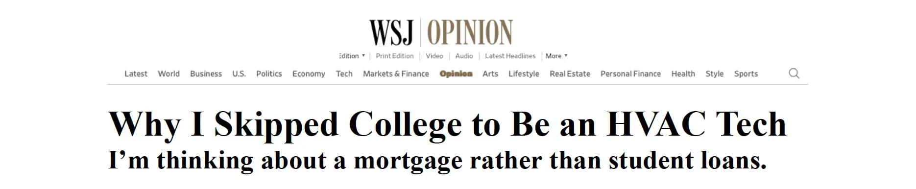 Website headline reads: "Why I Skipped College to Be an HVAC Tech - I’m thinking about a mortgage rather than student loans.