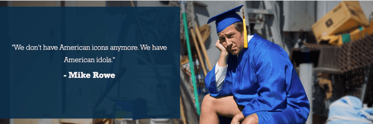 A young man in a blue graduation gown sits with his head resting on his hand, looking discouraged, surrounded by clutter and boxes. A quote by Mike Rowe about AI-proof careers appears on the left.
