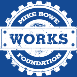 Logo with a blue gear-shaped border and the words "Mike Rowe Works Foundation" in bold, highlighting "Works" across the center—emphasizing support for AI-proof careers.